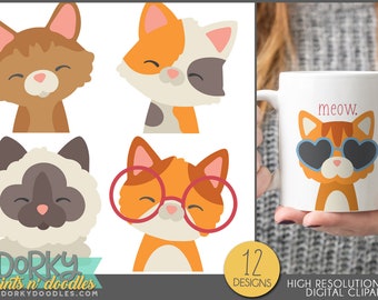 Cute Cat Faces Clipart - PNG Files for Stickers, Sublimation, Cards, Cookies, Etc.