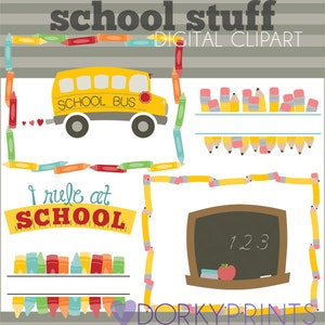 Back to School Clipart Set -Personal and Limited Commercial Use- School Days Clip Art, crayons, pencil, school bus, Classroom Clipart