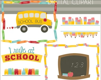 Back to School Clipart Set -Personal and Limited Commercial Use- School Days Clip Art, crayons, pencil, school bus, Classroom Clipart