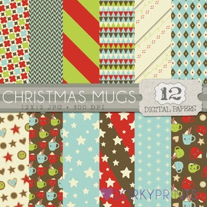 Christmas Paper Pack, Cute Christmas Mugs Digital Scrapbook Paper - Christmas Mug Papers