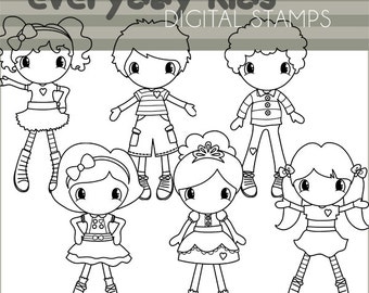 Cute Kids Clipart Set -Personal and Limited Commercial- Cute Boy and Girl  Black Line Art