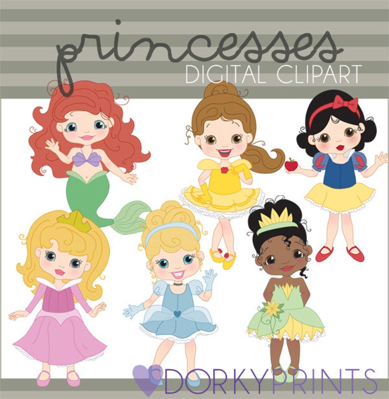 Princess Clipart Personal and Limited Commercial Cinderella, Belle, Little Mermaid, Snow White, Tiana, Sleeping Beauty Clip art image 1