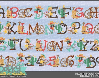 Cute Western Alphabet Clipart -Utilisation commerciale personnelle et limitée- Téléchargement instantané - Nombres, Lettres, Font Clip art