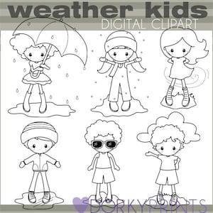 Weather Clipart -Personal and Limited Commercial- Children in Weather Black Line Clip art