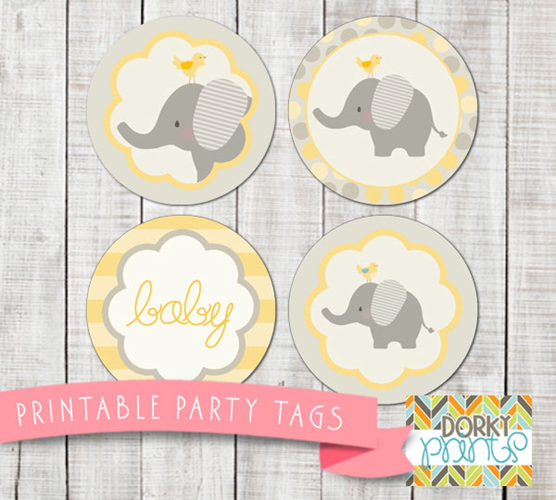 Yellow Elephant Baby Shower Printable Circle Tags PDF - Etsy