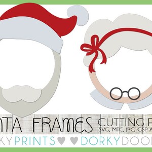 May include: Two printable Santa Claus and Mrs. Claus photo frame templates. The frames are white with red accents and are designed for use with a photo editor. The text "SANTA FRAMES CUTTING FILES SVG, MTC, JPG, GSP AND DXF" is at the bottom of the image.