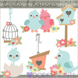 Op de afbeelding: Een digitale clipartset met schattige vogels en vogelhuisjes. De set bevat een blauwe vogel, een roze vogel, een vogel in een ei, een vogelhuisje met een hart, een vogelkooi en bloemen.