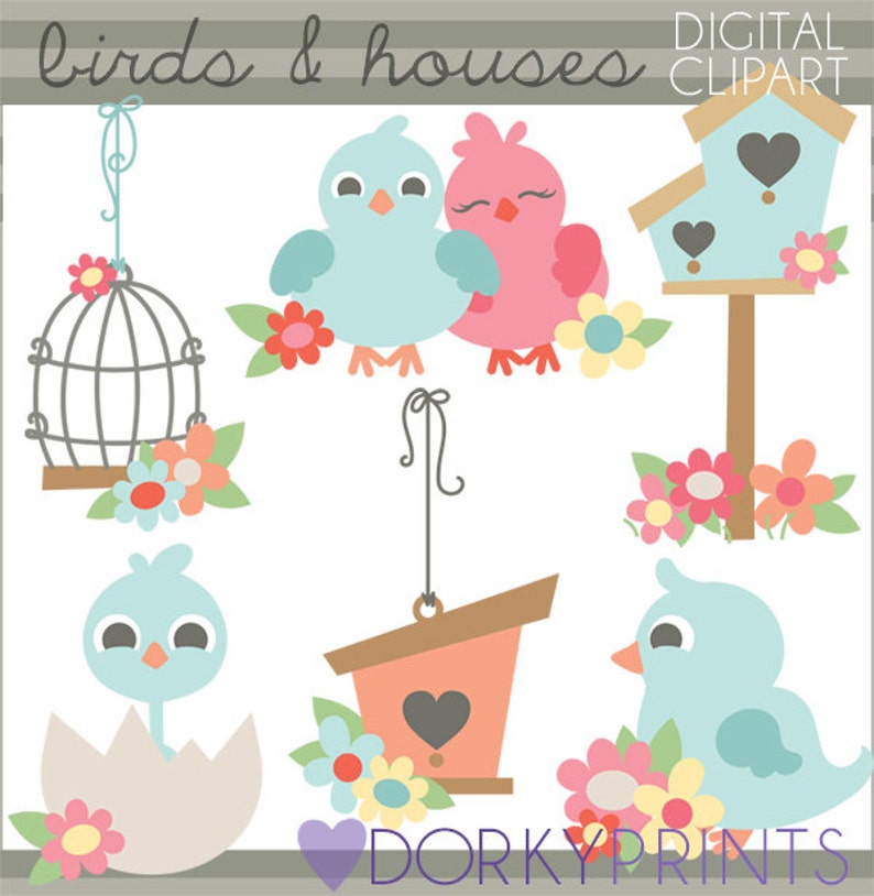 May include: A digital clipart set featuring cute birds and birdhouses. The set includes a blue bird, a pink bird, a bird in an egg, a birdhouse with a heart, a birdcage, and flowers.