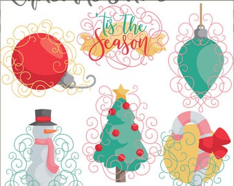 Christmas Swirls Clipart -Personal and Limited Commercial Use- Snowman, Ornament, Tree, Ornament, Candy Cane