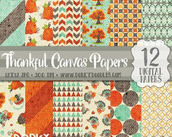 Thanksgiving Paper Pack, Cute Fall and Turkey Digital Scrapbook Paper - Canvas Texture Digital Print and Cut Papers
