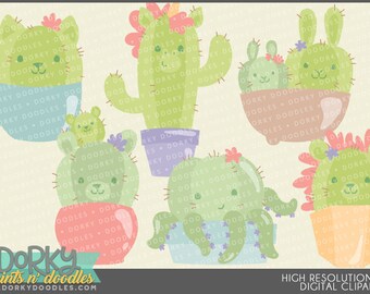 May include: A set of six digital clipart images featuring cute cactus characters in various pots. The cacti are green with pink, purple, and yellow accents. Each cactus has a different animal face, including a cat, a bunny, a bear, and an octopus.