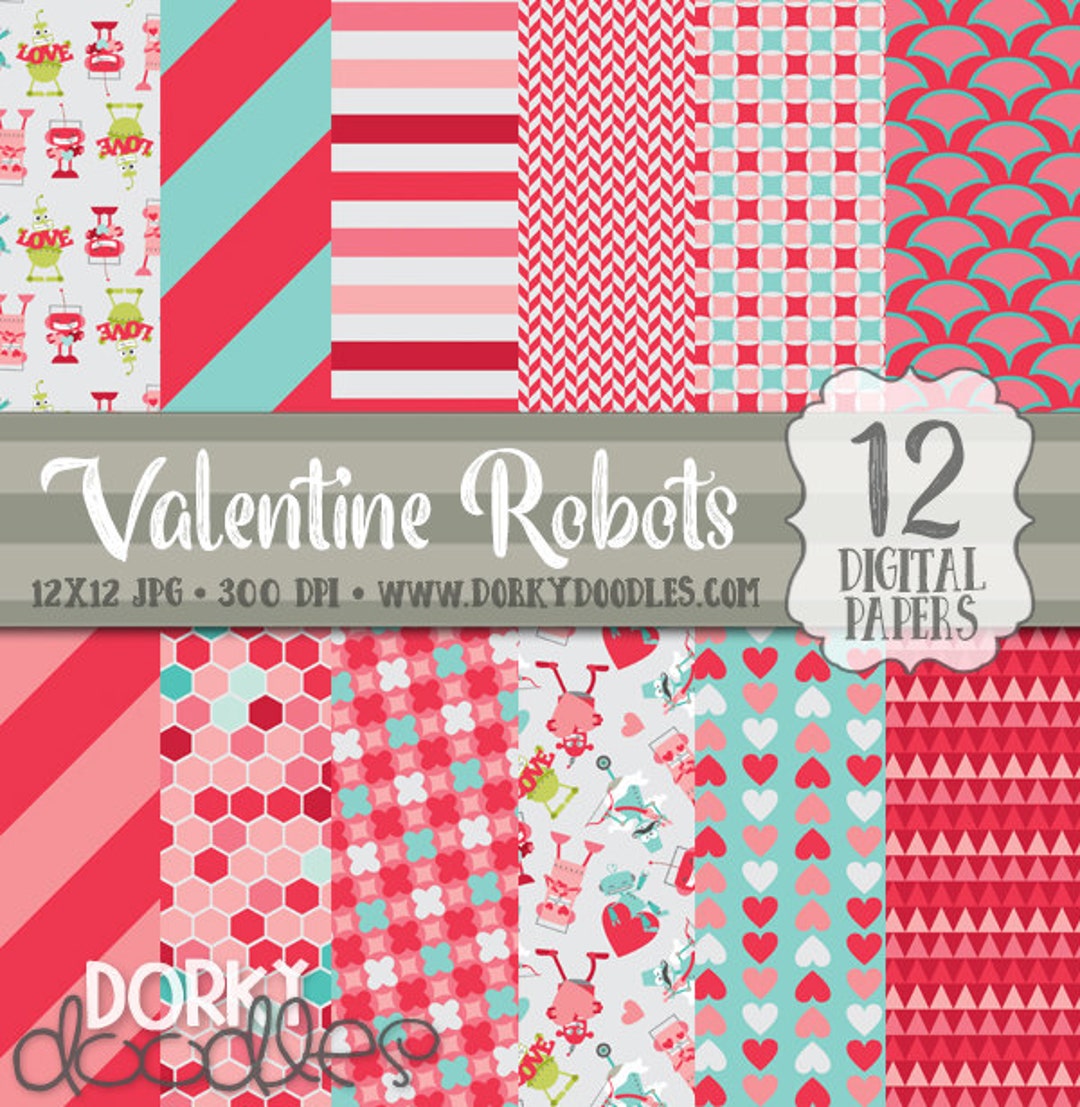 Valentine Digital Paper Pack, Robot Love Digital Paper, Pink, Red ...
