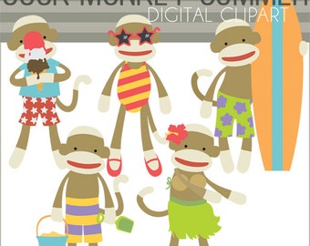 Sock Monkey Clipart Summer Clip Art -Personal and Limited Commercial Use- surf monkey, beach monkey