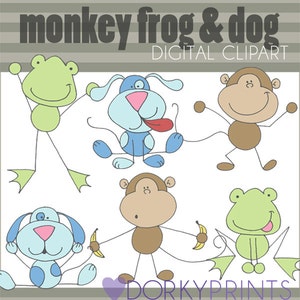 Puede incluir: Un conjunto de imágenes de clipart digital que representan un mono, una rana y un perro. El mono es marrón con una cara marrón claro y está sosteniendo un plátano. La rana es verde con una cara verde claro y está sacando la lengua. El perro es azul con una cara azul claro y está sacando la lengua. Las imágenes son de estilo de dibujos animados y son perfectas para usar en manualidades, scrapbooking y otros proyectos creativos.