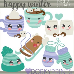 Winter Clipart -Personal and Limited Commercial Use- Kawaii Hat, Mittens, Sled, Mugs, Marshmallows