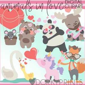 Animal Love Clipart -Personal and Limited Commercial Use- Mouse, Bear, Moose, Panda, Swan, Unicorn, Fox heart
