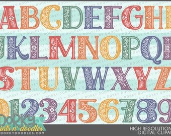 May include: A colorful alphabet and numbers with a decorative floral design. The letters and numbers are in a vintage style with white outlines and a variety of colors, including red, orange, yellow, green, blue, and purple. The background is a light blue with white stripes.