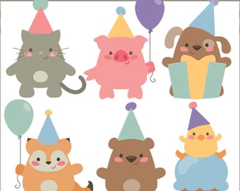 Birthday Animals Clipart -Personal and Limited Commercial Use- Animal Party, Birthday Clip art
