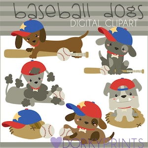 May include: Digital clipart of six cartoon dogs wearing baseball caps and holding baseballs. The dogs are a dachshund, a poodle, a bulldog, and three other dogs. The dogs are all wearing red, white and blue baseball caps. The text "baseball dogs" and "digital clipart" is at the top of the image.