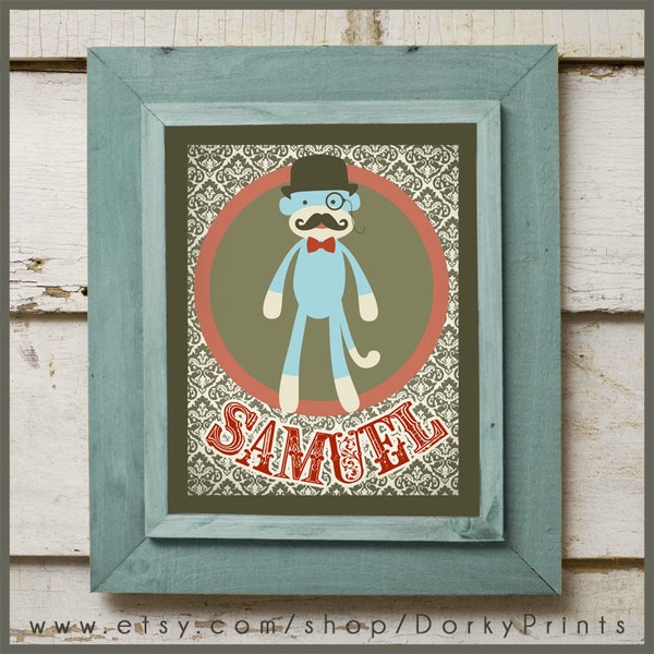 Custom Sock Monkey Printable Decor - Mustache Sock Monkey with Custom Name PDF Printable File