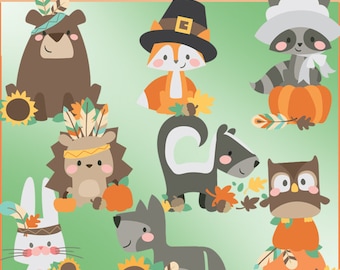 Thanksgiving Animals Clipart -Personal and Limited Commercial Use- Cute Animals, Pumpkins Clip Art