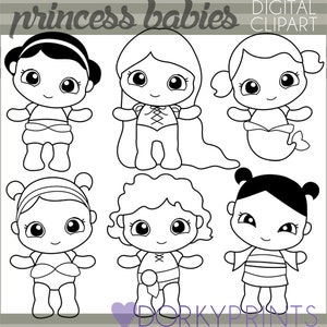 Prinzessin Baby Clipart - persönliche und begrenzte kommerzielle - Cinderella, Ariel, Merida, Mulan, Rapunzel, Jasmin Babys Blackline Clipart