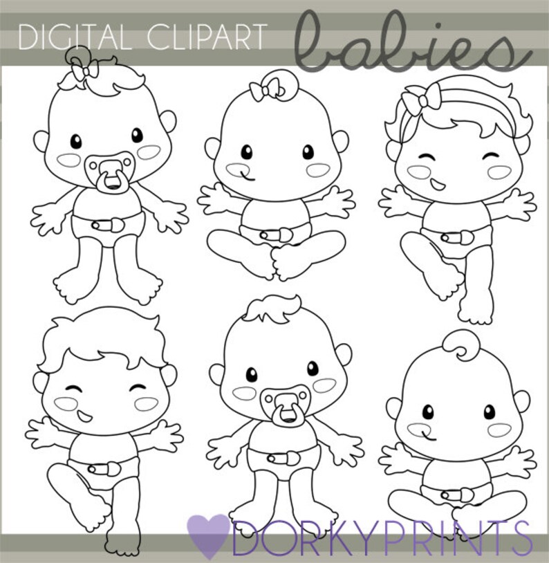 May include: Black and white line art clip art images of babies.  The babies are in various poses, including sitting, standing, and lying down.  The images are perfect for use in scrapbooking, card making, and other craft projects.