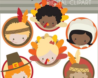 May include: Five colorful Thanksgiving-themed circles with illustrations of children dressed in pilgrim, Native American, and turkey costumes. The text "Thanksgiving kid circles DIGITAL CLIPART" is at the top of the image.