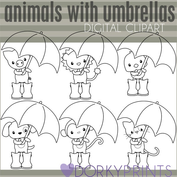 Spring Clipart Set Animals with Umbrellas -Personal and Limited Commercial Use- Dog, Cat, Monkey, Bird Black Line Clip Art