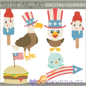 Puede incluir: Un conjunto de imágenes de clipart digital con un tema rojo, blanco y azul. Las imágenes incluyen un águila calva con un sombrero rojo, blanco y azul, una hamburguesa, una paleta de hielo, un pájaro azul y una bandera.