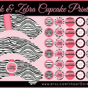 Zebra Cupcake Labels Printable PDF - Printable Party Supplies - Pink Zebra Birthday Party DIY
