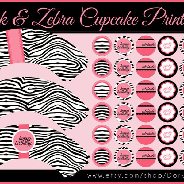 Zebra Cupcake Labels Printable PDF - Printable Party Supplies - Pink Zebra Birthday Party DIY