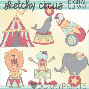 May include: A set of colorful digital clipart images featuring a circus theme. The images include a red and white striped tent, a lion, a clown, an elephant, a seal balancing a ball, and a cannon with a person inside.