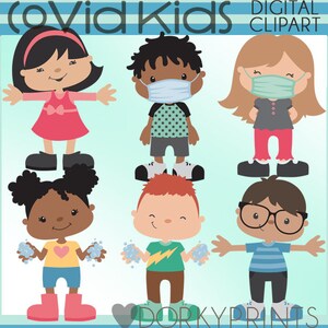 Peut inclure: Ensemble de six enfants en clipart portant des masques faciaux et se lavant les mains. Les enfants sont de races et de genres différents. L'image comprend le texte "Covid Kids Digital Clipart".