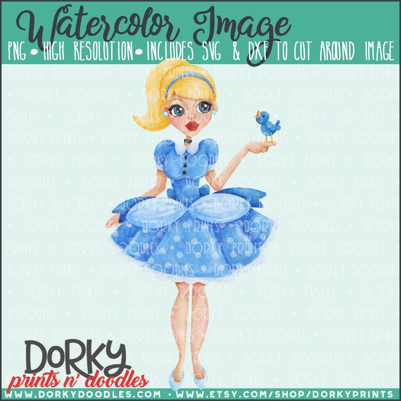 May include: A watercolor illustration of a blonde-haired girl wearing a blue dress with white polka dots. She is holding a blue bird in her right hand. The background is a light blue.