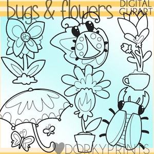 Bugs and Flowers Clipart -Personal and Limited Commercial - ladybug, beetle, umbrella, flower blackline clip art