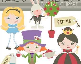 May include: Alice in Wonderland themed digital clipart set featuring Alice, the Mad Hatter, the Queen of Hearts, the White Rabbit, a rose bush, a bottle labelled "Drink Me", and a tag labelled "Eat Me".