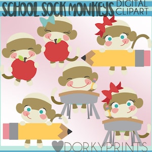 Back to School Sock Monkey Clipart -Personal and Limited Commercial Use- Cute School Sock Monkeys Clipart