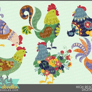 Folk Art Chickens and Rooster Clipart -Personal and Limited Commercial Use- Fun Animal Clip Art