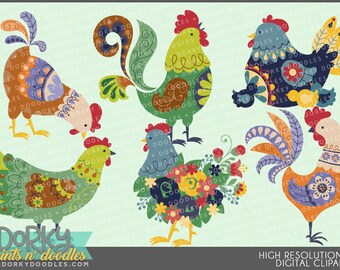 Folk Art Chickens and Rooster Clipart -Personal and Limited Commercial Use- Fun Animal Clip Art