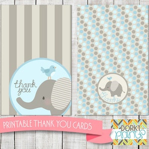 Blue Elephant Baby Shower Printable Thank You Cards PDF - Printable Party Supplies - Baby Boy Elephant Shower
