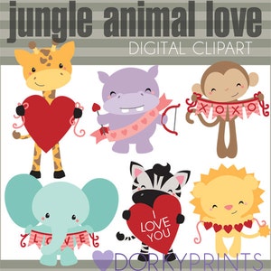 Valentine Clipart with Jungle Animals  -Personal and Limited Commercial Use- Cute Safari Clip art with Hearts