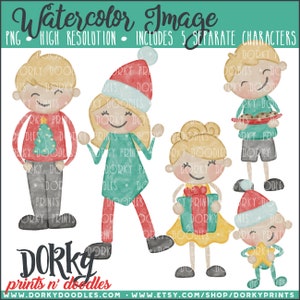 Acquerello Natale Famiglia Personaggi PNG Artwork - File Digitale - per la stampa di calore, pianificatori, biscotti, e artigianato