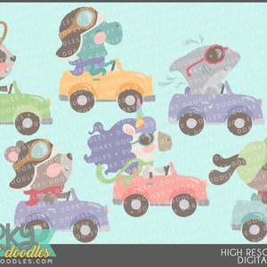Dieren rijden auto's Clipart -Persoonlijk en beperkt commercieel gebruik- Luiaard, Dinosaurus, Haai, Beer, Eenhoorn, Hond Illustraties