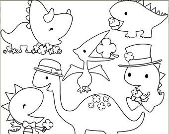 St Patrick's Day Clipart Set -Personal and Commercial Use- Dinosaur Shamrock Blackline Clip Art