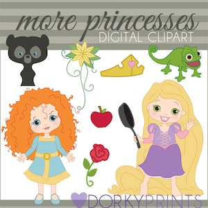 Op de afbeelding: Digitale clipart met twee prinsessen, een met lang blond haar en een paarse jurk, de andere met lang rood haar en een blauwe jurk. De clipart bevat ook een zwarte beer, een groene kameleon, een gele kroon, een rode appel, een rode roos en een gele bloem.
