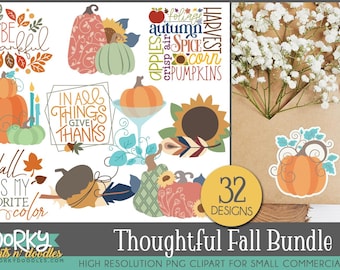 Thoughtful Fall Clipart Bundle – Autumn Sayings, Elegant Pumpkins, Thanksgiving Subway Art & Cozy Fall Icons – 32 PNG Images