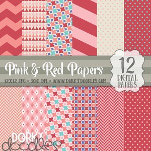 Pink and Red Digital Paper Pack, Swirls and Hearts Digital Paper, pink, red, purple, and turquoise backgrounds