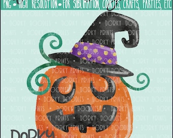 Witch Pumpkin Halloween - Watercolor Style Witch Pumpkin - Cute Graphics, Digital Download for Sublimation, Crafts, Stickers, and Decor