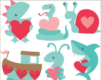 Valentine Clipart Blue Valentines -Personal and Limited Commercial Use- Shark, Dino, Snail, Love Boat Clip art